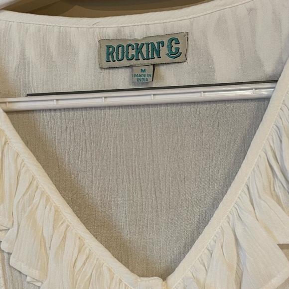 White, V neck, 3/4 sleeves, button up with ruffle details, sz M, oversized fit - Picture 3 of 3